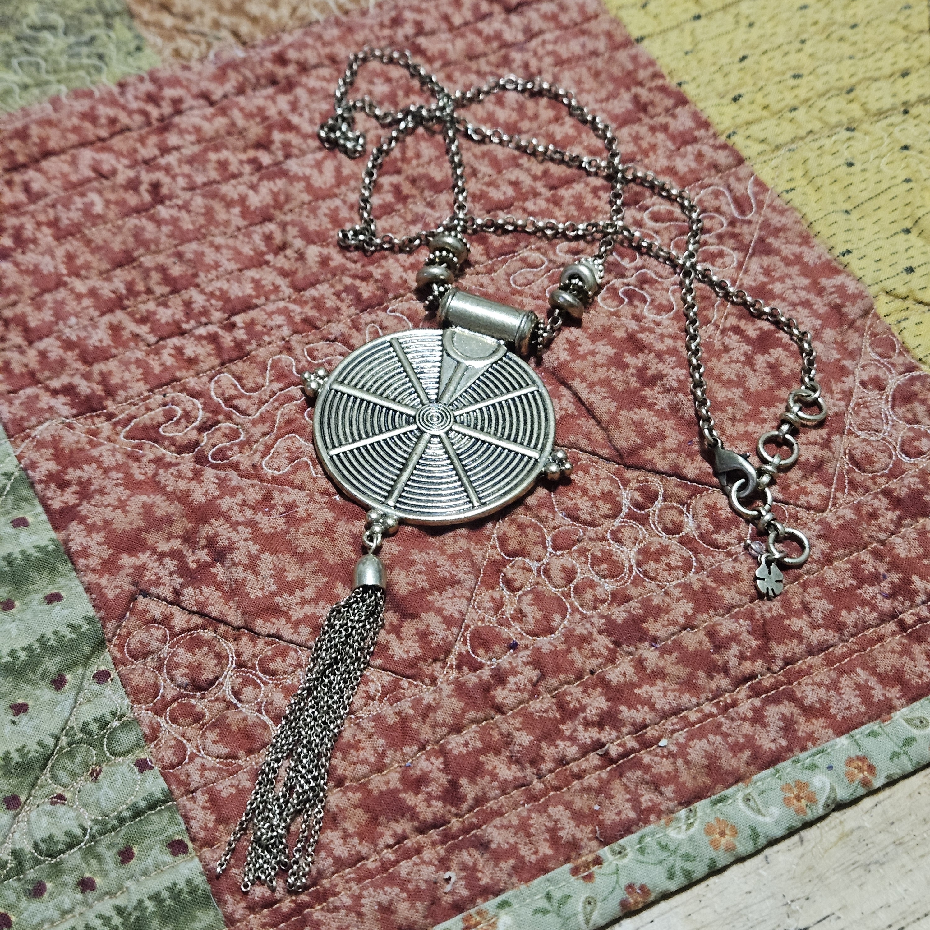 Lucky Brand Antiqued Silver Tone Medallion Tassel Pendant Statement Necklace